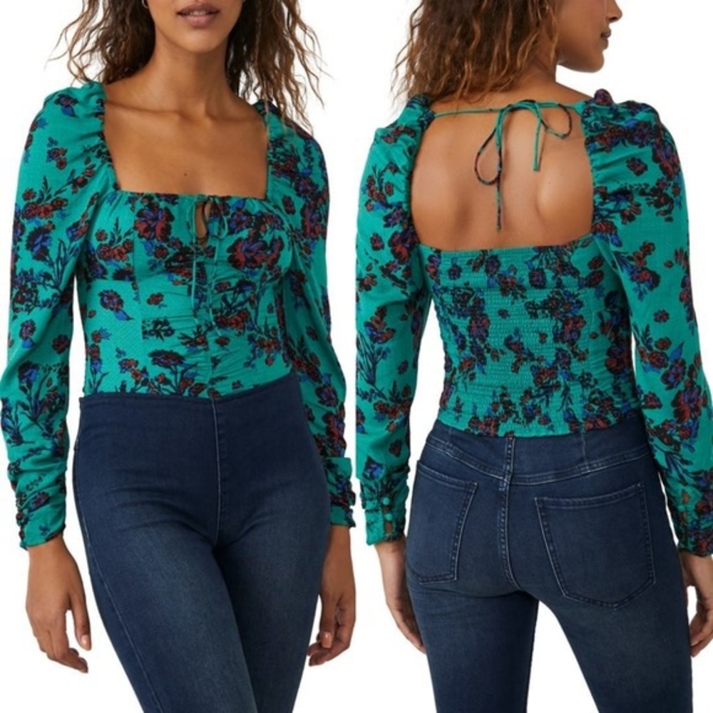 NWT Free People Hilary Printed Blue Blouse Size M Women